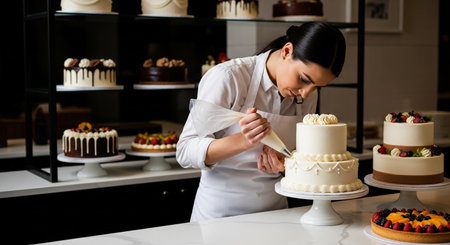 selective focus of female pastry chef decorating delicious cake at bakery