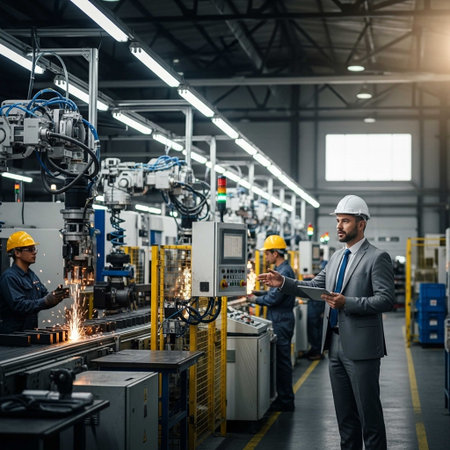 Confident engineer and his team working in the factory. This is a freight transportation and distribution warehouse. Industrial and industrial workers conceptの写真素材