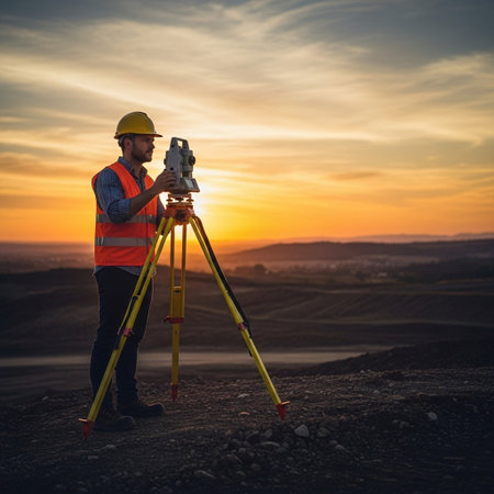 Surveyor or engineer using theodolite at construction site