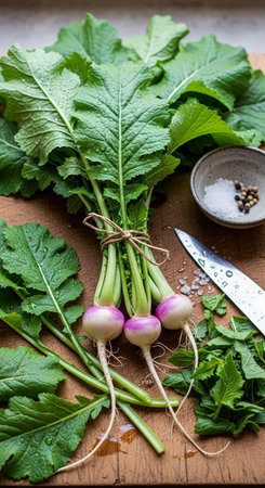 Fresh radish with green leaves on a rustic wooden table.の写真素材