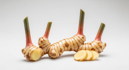 Fresh galangal isolated on white background. Galangal root.の写真素材
