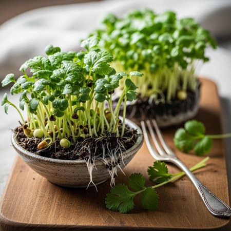 Sprouts of cilantro in a ceramic bowl on a wooden board