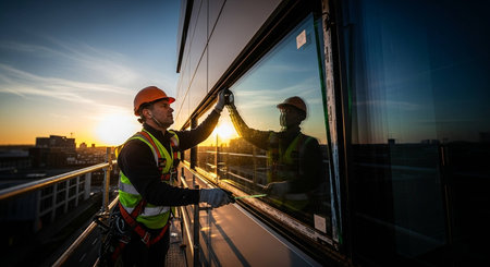 Group of engineers working on a construction site in an urban setting.