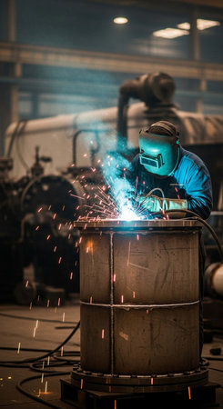 Welder at work in a factory. He is welding metal.