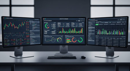 3d rendering of three monitors with stock market data on the screenの写真素材