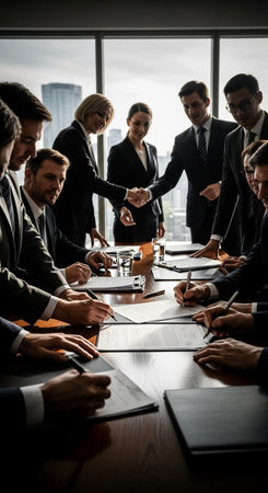 Business people shaking hands, finishing up a meeting in a modern office