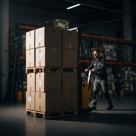 Confident warehouse worker carrying heavy boxes in warehouse. This is a freight transportation and distribution warehouse. Industrial and industrial workers conceptの写真素材
