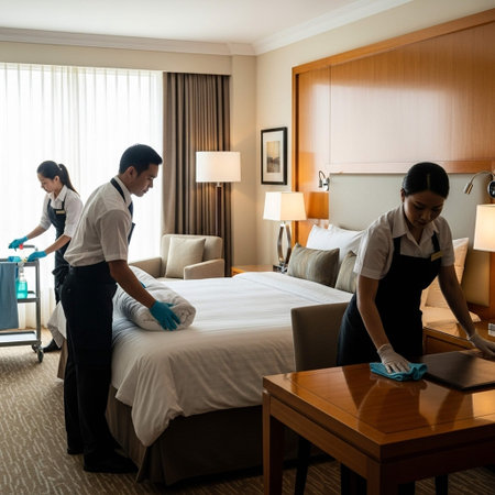 Hotel maid cleaning bed in hotel room. Young woman and man cleaning a hotel room.の写真素材