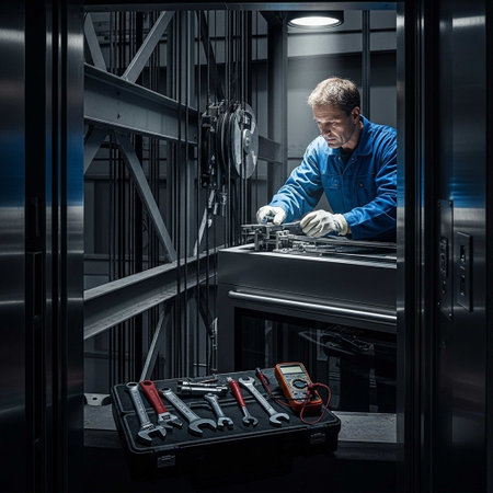 Engineer in blue uniform working with tools in the metal box.の写真素材