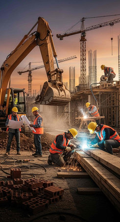 Team of construction workers at work on construction site with sparks flying in the air