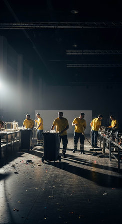 Zoomed view of a group of workers working in a factoryの写真素材