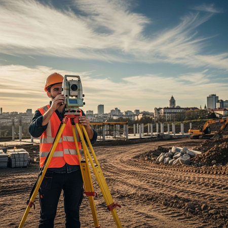 Surveyor or engineer working with theodolite at construction siteの写真素材