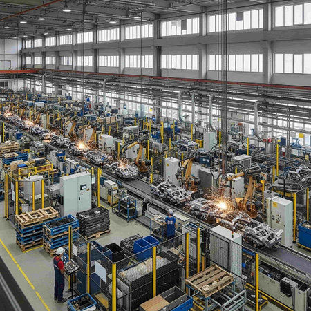 3D rendering of a factory for the production of cars and trucks
