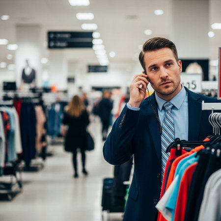 Young businessman talking on the phone in a clothing store. Shallow depth of fieldの写真素材