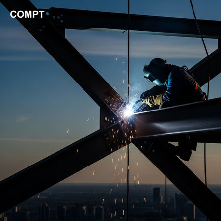 Silhouette of a welder on the steel structure of the construction of the bridge.の写真素材