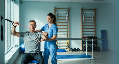 Physiotherapist working with senior patient in a physiotherapy clinic.の写真素材