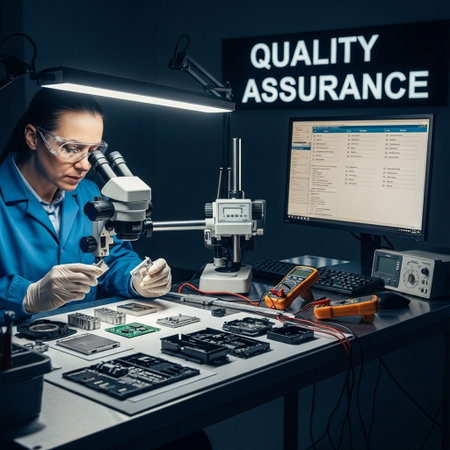 Quality assurance. Portrait of a beautiful young woman in a lab coat and glasses working with a microscope.の写真素材