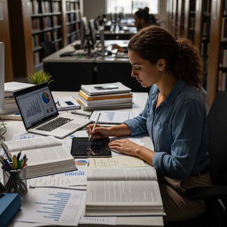 Side view of female student using tablet while sitting at desk in libraryの写真素材