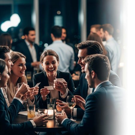 Group of young business people in formal wear are talking and smiling while drinking wine in cafeの写真素材