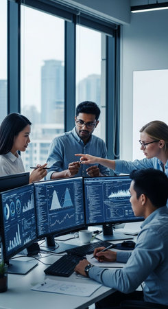 selective focus of multicultural businesspeople working with computer monitors in officeの写真素材