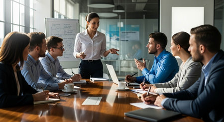 Smiling businesswoman pointing at flipchart during meeting with colleagues in officeの写真素材