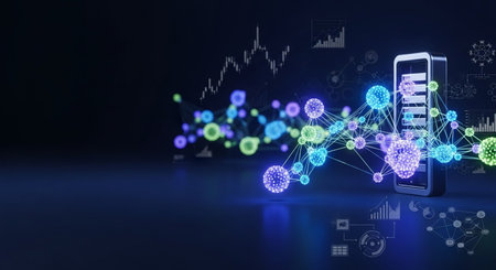 3D rendering of a mobile phone with financial charts and graphs on the background