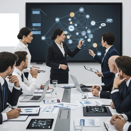 Group of business people working in modern office. Business people using mobile phone and laptop....