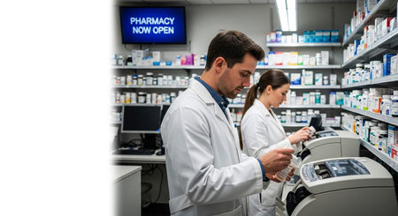 Two pharmacists working in a drugstore. Focus on the manの写真素材
