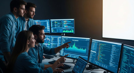 Team of software developers working in a software develop company office. They are sitting at the...