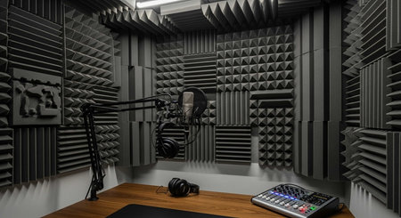3d rendering of a studio interior with a microphone and sound equipment