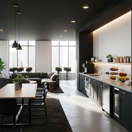 Interior of modern kitchen with black and white walls, concrete floor, gray countertops and bar with...
