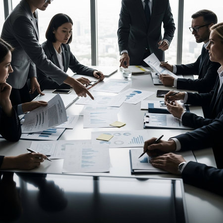 Business people discussing the charts and graphs showing the results of their successful teamwork