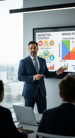 selective focus of smiling mature businessman pointing at flipchart with charts during meeting in officeの写真素材