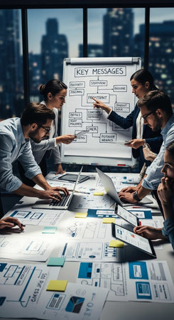 Group of business people in smart casual wear discussing something while working in officeの写真素材