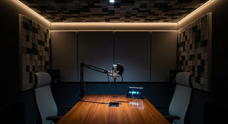 3D rendering of a podcast studio with a microphone on the tableの写真素材