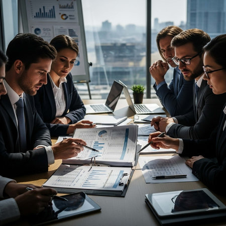 Group of business people in smart casual wear working together in office.