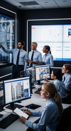 multiethnic business people using computers and pointing at graphs in officeの写真素材