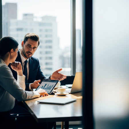Two business people working together in office. They are using laptop and tablet computer. Man is pointing at screen and smilingの写真素材