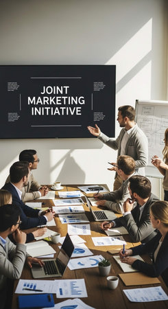 Business people working on banner network graphic overlay on table. Online marketing, digital advertising strategy conceptの写真素材