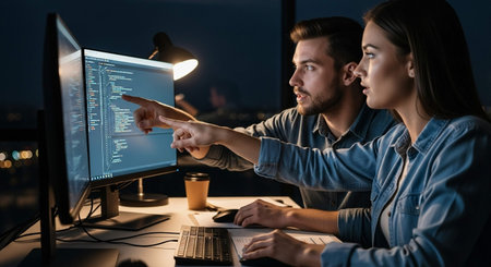 Two professionals working together with computers in a dark office late at night. One pointing at the screen.の写真素材