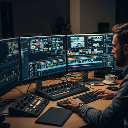 Side view of a male programmer working on a computer at night.