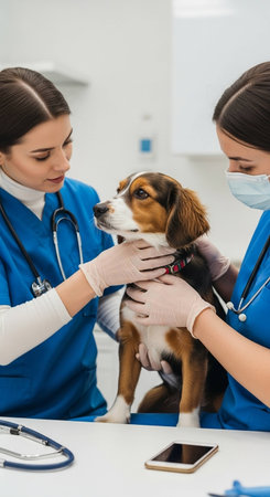 selective focus of veterinarian examining beagle dog with stethoscope in clinicの写真素材