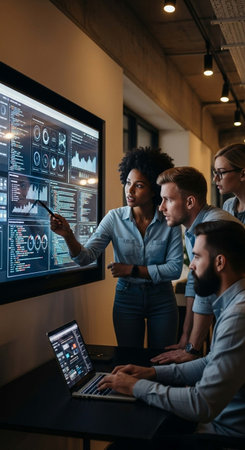 multiethnic team of software developers working together on computer in office