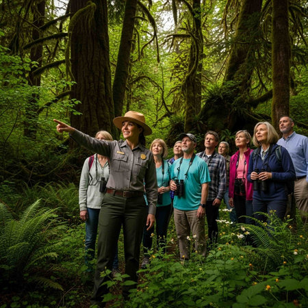 Group of seniors hiking in the forest with a guide and pointing at somethingの写真素材