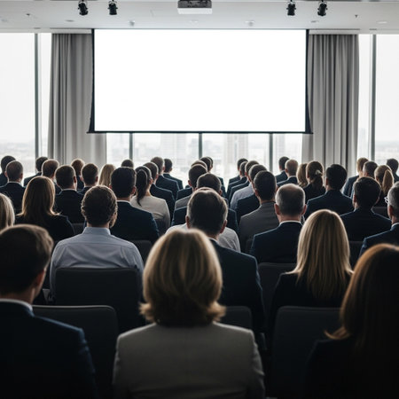 Business and entrepreneurship symposium. Speaker giving a talk at business meeting. Audience in conference hall. Rear view of unrecognized participant in audience.の写真素材