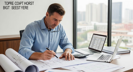 Architect working with blueprints and laptop in office. Architect concept