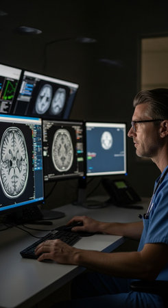 Portrait of mature male doctor working on computer monitors in dark officeの写真素材