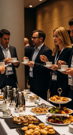 selective focus of businesspeople having coffee and cookies at corporate eventの写真素材