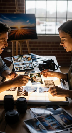 selective focus of photographer showing photos to female colleague in photo studioの写真素材