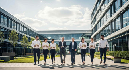 Group of business people standing together in front of a modern office buildingの写真素材
